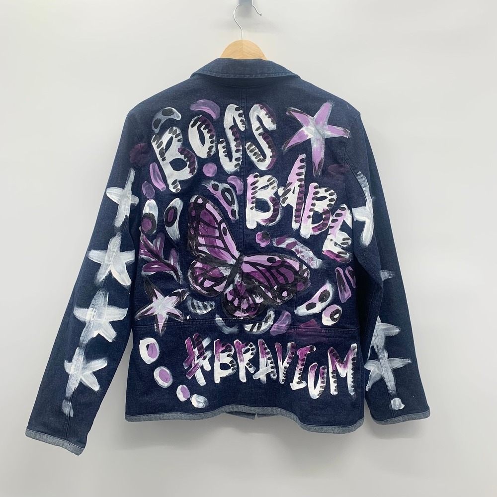Crossroads Womens Denim Jacket Med/L Custom Painted Boss Babe Butterfly Y2K OOAK